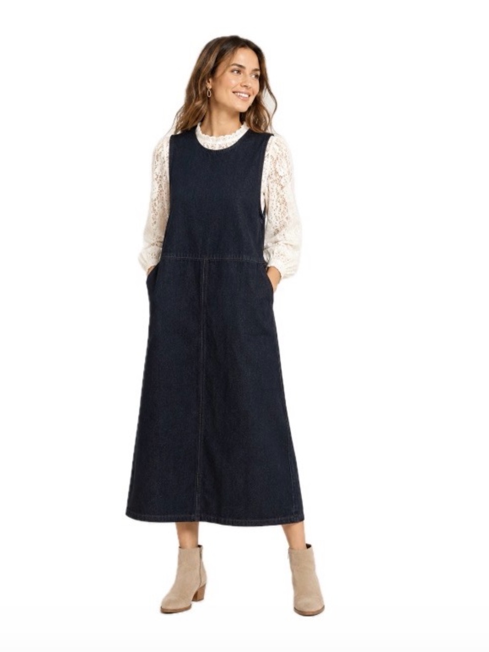 Dark Indigo Denim Jumper Dress Midi Pinafore Side Zip Pockets, Size M